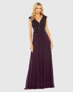 Appliqued Cap Sleeve Bodice Flowy Gown -Fashion Dress Shop 20264 Aubergine AB scaled