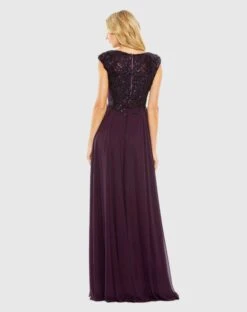 Appliqued Cap Sleeve Bodice Flowy Gown -Fashion Dress Shop 20264 Aubergine BK scaled