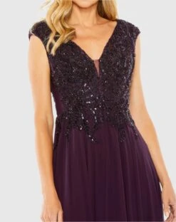 Appliqued Cap Sleeve Bodice Flowy Gown -Fashion Dress Shop 20264 Aubergine CL scaled