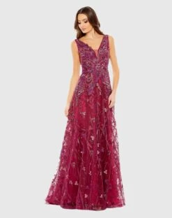 Embroidered Sleeveless Plunge Neck A Line Gown