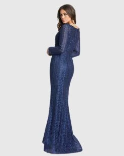 Embroidered Long Sleeve V Neck Trumpet Gown -Fashion Dress Shop 20271D MidnightBlue BK scaled