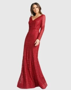 Embroidered Long Sleeve V Neck Trumpet Gown
