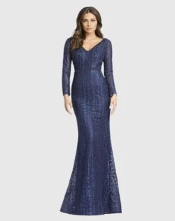 Embroidered Long Sleeve V Neck Trumpet Gown -Fashion Dress Shop 20271 MID Default 1 WS