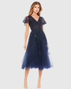 EMBELLISHED FLUTTER SLEEVE TEA-LENGTH DRESS