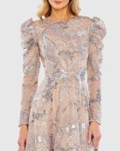 Embellished High Neck Puff Sleeve A-Line Dress -Fashion Dress Shop 20326 Taupe CL