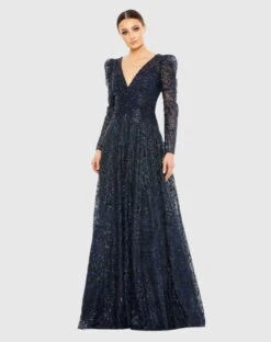 Embellished V Neck Long Sleeve A Line Gown -Fashion Dress Shop 20353 Midnight AB scaled