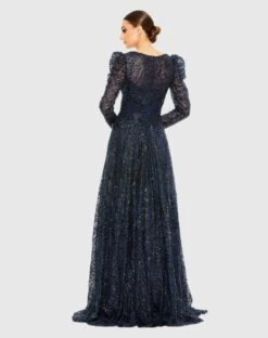 Embellished V Neck Long Sleeve A Line Gown -Fashion Dress Shop 20353 Midnight BK scaled