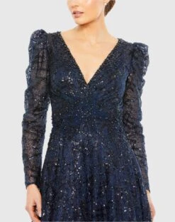 Embellished V Neck Long Sleeve A Line Gown -Fashion Dress Shop 20353 Midnight CL