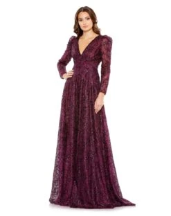 Embellished V Neck Long Sleeve A Line Gown