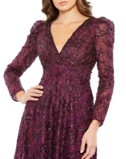 Embellished V Neck Long Sleeve A Line Gown -Fashion Dress Shop 20353 Plum CL