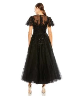 Embellished Flutter Sleeve Bow Waist A Line Dress -Fashion Dress Shop 20362 Black BK scaled