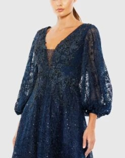 Embellished Plunge Neck Bishop Sleeve Dress 8 Embellished Plunge Neck Bishop Sleeve Dress -Fashion Dress Shop 20391 Midnight CL