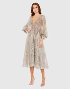 Embellished Plunge Neck Bishop Sleeve Dress 9 Embellished Plunge Neck Bishop Sleeve Dress -Fashion Dress Shop 20391 Taupe AB scaled