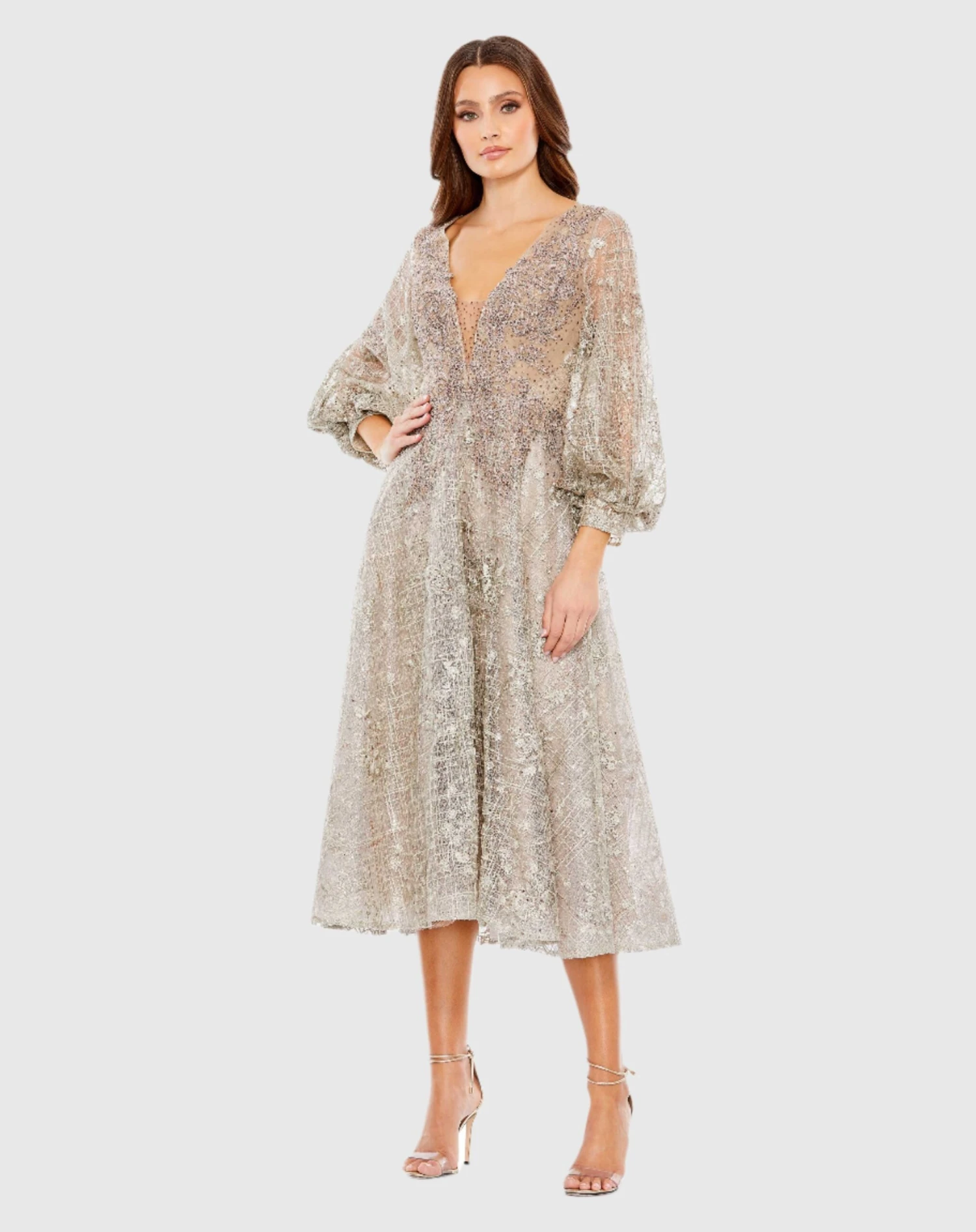 Embellished Plunge Neck Bishop Sleeve Dress 4 Embellished Plunge Neck Bishop Sleeve Dress - Image 4