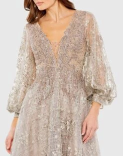 Embellished Plunge Neck Bishop Sleeve Dress 11 Embellished Plunge Neck Bishop Sleeve Dress -Fashion Dress Shop 20391 Taupe CL