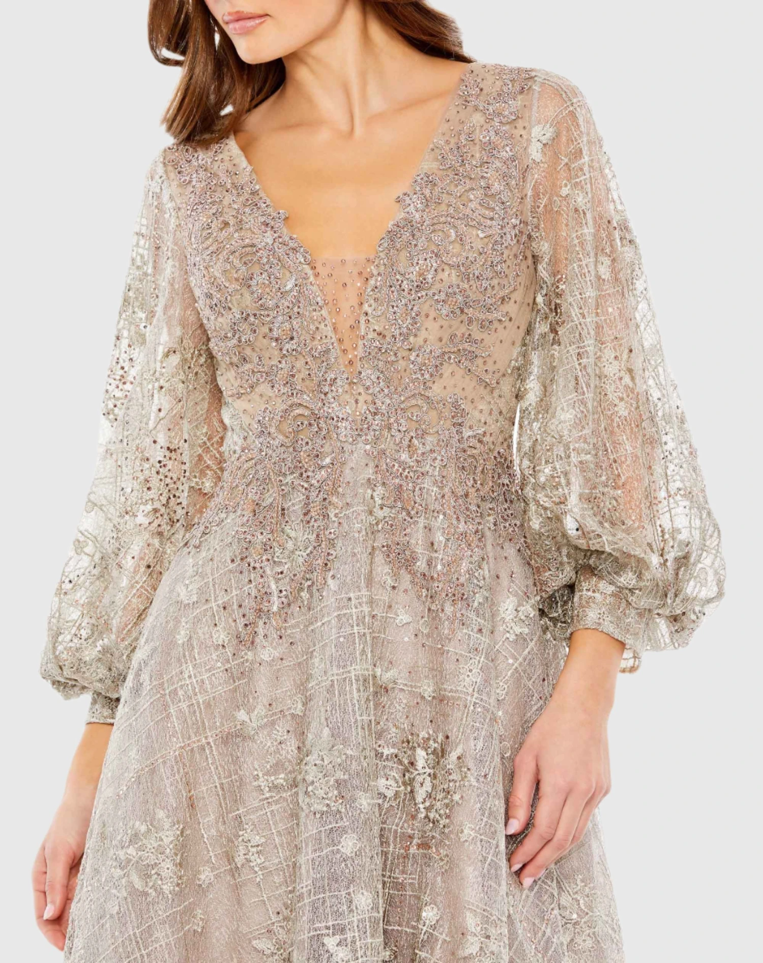 Embellished Plunge Neck Bishop Sleeve Dress 6 Embellished Plunge Neck Bishop Sleeve Dress - Image 6