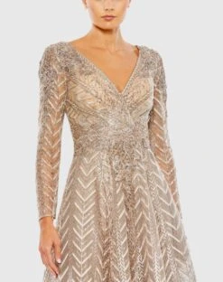 Embellished Long Sleeve Wrap Over Dress -Fashion Dress Shop 20399 Taupe CL