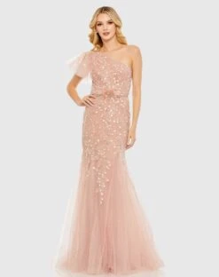 Embellished One Shoulder Cap Sleeve Gown