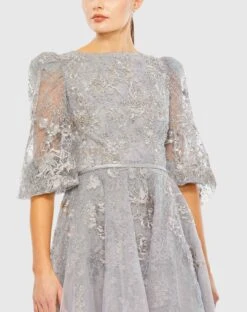 High Neck Puff Sleeve Embellished Gown -Fashion Dress Shop 20418 Platinum CL