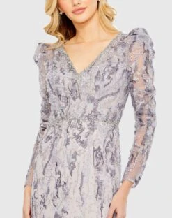 V-Neck Embellished Puff Sleeve Gown -Fashion Dress Shop 20425 Lilac CL scaled