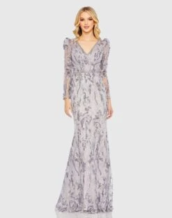 V-Neck Embellished Puff Sleeve Gown