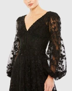 V Neck Puff Sleeve A Line Embroidered Gown 5 V Neck Puff Sleeve A Line Embroidered Gown -Fashion Dress Shop 20430 Black CL scaled