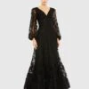 V Neck Puff Sleeve A Line Embroidered Gown
