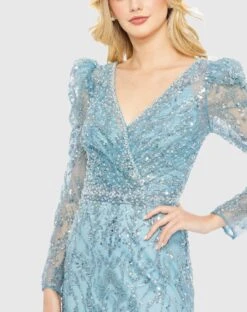 Wrap Around V-Neck Full Sleeve Sequin Embellished Gown -Fashion Dress Shop 20442 AQU 3 WS