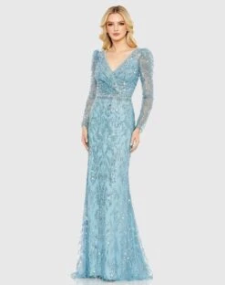 Wrap Around V-Neck Full Sleeve Sequin Embellished Gown