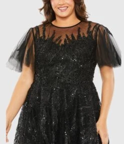 High Neck Flutter Sleeve A Line Embellished Dress -Fashion Dress Shop 20477 Black CL