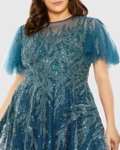 High Neck Flutter Sleeve A Line Embellished Dress -Fashion Dress Shop 20477 Ocean CL