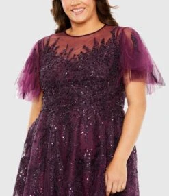 High Neck Flutter Sleeve A Line Embellished Dress -Fashion Dress Shop 20477 Plum CL