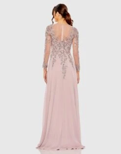 High Neck Mesh Long Sleeve Embellished A Line Gown -Fashion Dress Shop 20478 VintageLilac BK scaled