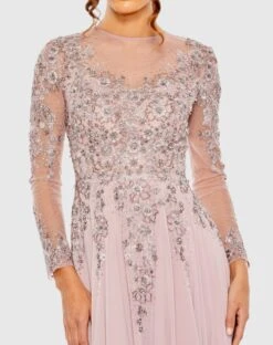 High Neck Mesh Long Sleeve Embellished A Line Gown -Fashion Dress Shop 20478 VintageLilac CL scaled