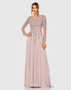 High Neck Mesh Long Sleeve Embellished A Line Gown -Fashion Dress Shop 20478 VTL Default 1 WS