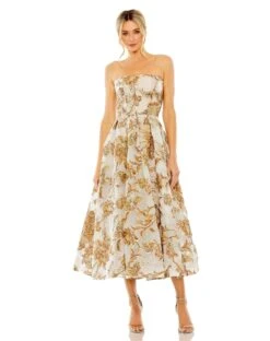 Strapless Brocade Midi Dress With Pockets