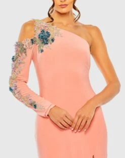 One Shoulder Long Sleeve Floral Embellished Gown -Fashion Dress Shop 2204 PEM 3 WS
