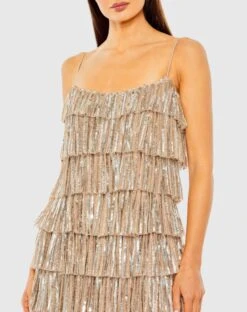 Beaded Strap Sequin Ruffle Mini Dress -Fashion Dress Shop 23001 NudeSilver CL