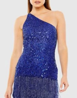One Shoulder Fringe Beaded Mini Dress -Fashion Dress Shop 24011 Cobalt CL