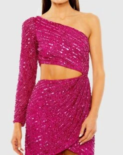 One Sleeve Cut-Out Draped Front Beaded Mini Dress 5 One Sleeve Cut-Out Draped Front Beaded Mini Dress -Fashion Dress Shop 24016 Fuchsia CL