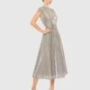 Metallic Cap Sleeve Tea-Length Dress