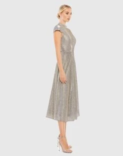Metallic Cap Sleeve Tea-Length Dress -Fashion Dress Shop 26151 SIL 4 WS scaled