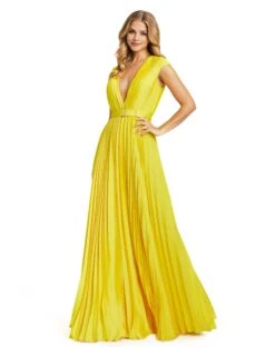 Pleated Plunge Neck Belted Satin Gown -Fashion Dress Shop 26285 Lemon AB scaled