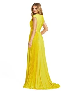 Pleated Plunge Neck Belted Satin Gown -Fashion Dress Shop 26285 Lemon BK scaled