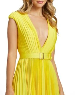 Pleated Plunge Neck Belted Satin Gown -Fashion Dress Shop 26285 Lemon CL scaled