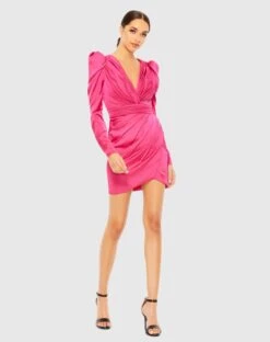 Ruched Satin Puff Sleeve Cocktail Dress