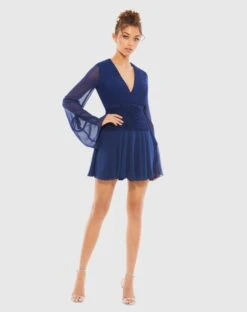 Pleated Bell Sleeve Chiffon Mini Dress -Fashion Dress Shop 26411 NAV 1 WS scaled