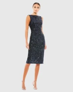 Draped Back Boatneck Sequined Cocktail Dress
