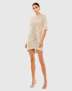 Metallic Sequined Short Sleeve Shift Dress