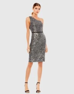 Sequined One Shoulder Fitted Mini Dress
